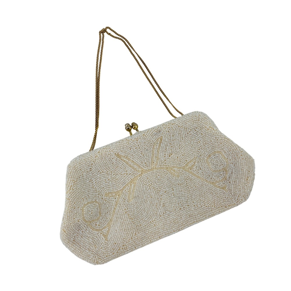 Vintage Beaded Clutch Bag Womens OS Cream Floral Kiss Lock Chain Strap